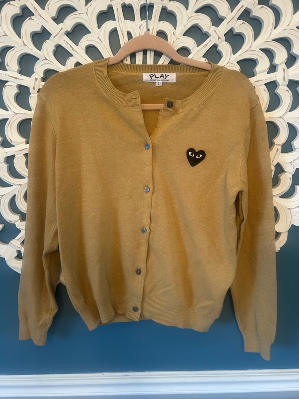 Comme des Garçons PLAY Mustard Crewneck Cardigan with Black Button - Picture 2 of 6